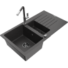 Mexen Matias granite sink 1.5-bowl with drainer and Flora kitchen tap, speckled black - 6502-76-670401-08-B