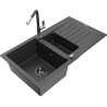 Mexen Matias lava-loiça de granito com 1,5 bacias e escorredor e torneira de cozinha Flora, preto salpicado