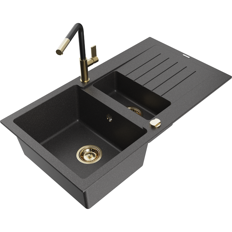 Mexen Matias granitizlietne 1,5 kameru izlietne ar notekas un Flora virtuves jaucējkrāns, melns ar plankumiem