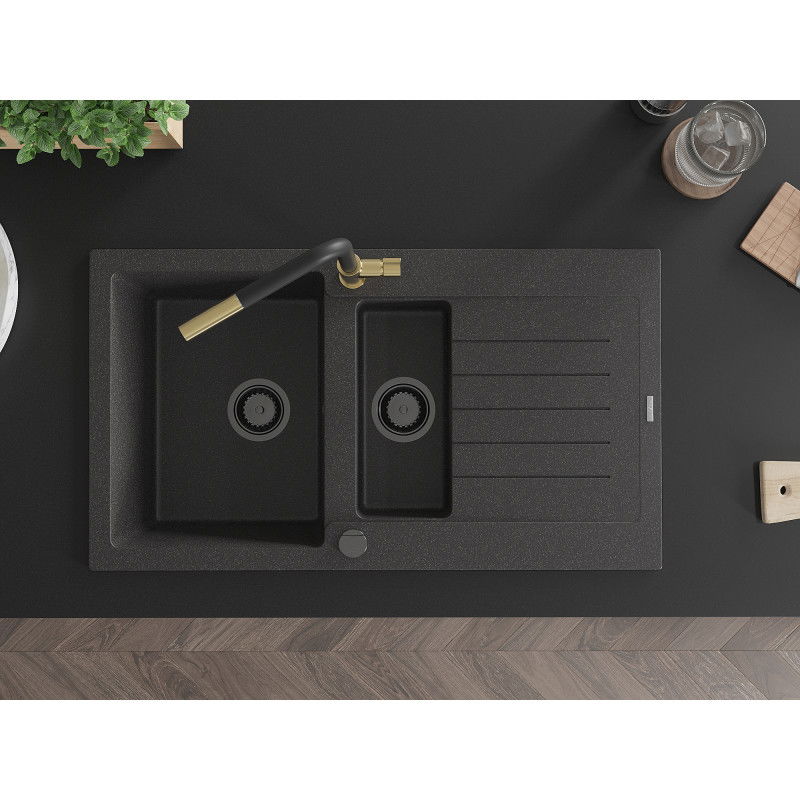 Mexen Matias fregadero de granito de 1,5 senos con escurridor y grifo de cocina Flora, negro moteado - 6502-76-670401-57-B