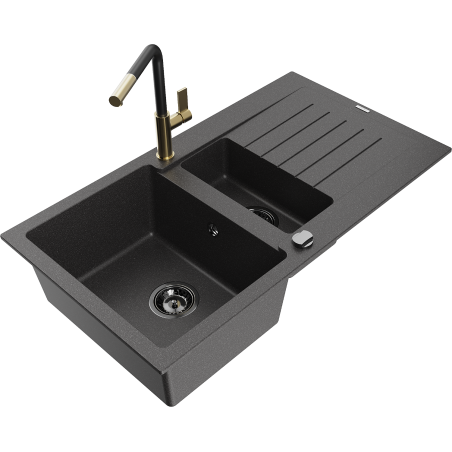Mexen Matias lava-louça de granito 1,5-cubas com escorredor e torneira de cozinha Flora, preto salpicado - 6502-76-670401-57-B