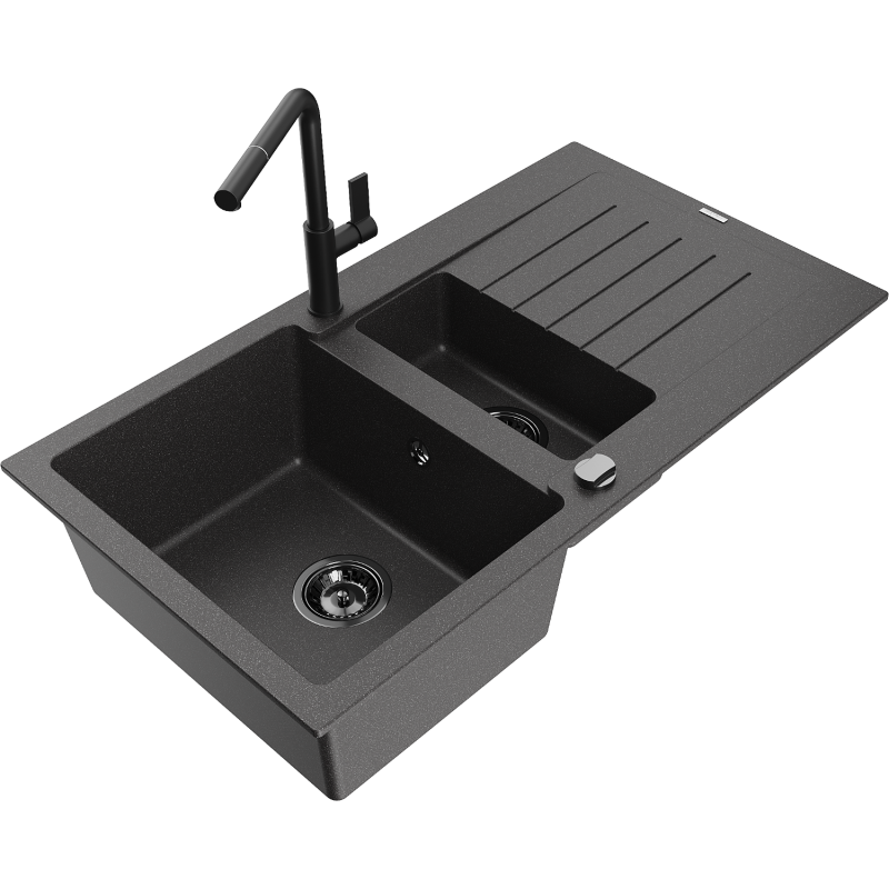 Mexen Matias fregadero de granito de 1,5 senos con escurridor y grifo de cocina Flora, negro moteado - 6502-76-670401-70-B