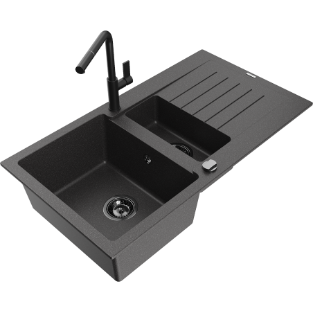 Mexen Matias fregadero de granito de 1,5 senos con escurridor y grifo de cocina Flora, negro moteado - 6502-76-670401-70-B