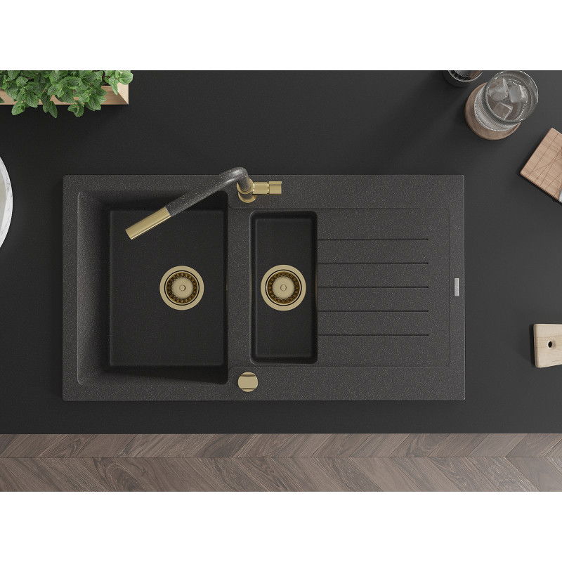 Mexen Matias Granite Sink 1.5-Bowl with Drainer and Flora Kitchen Tap, Black Speckled - 6502-76-670401-75-G