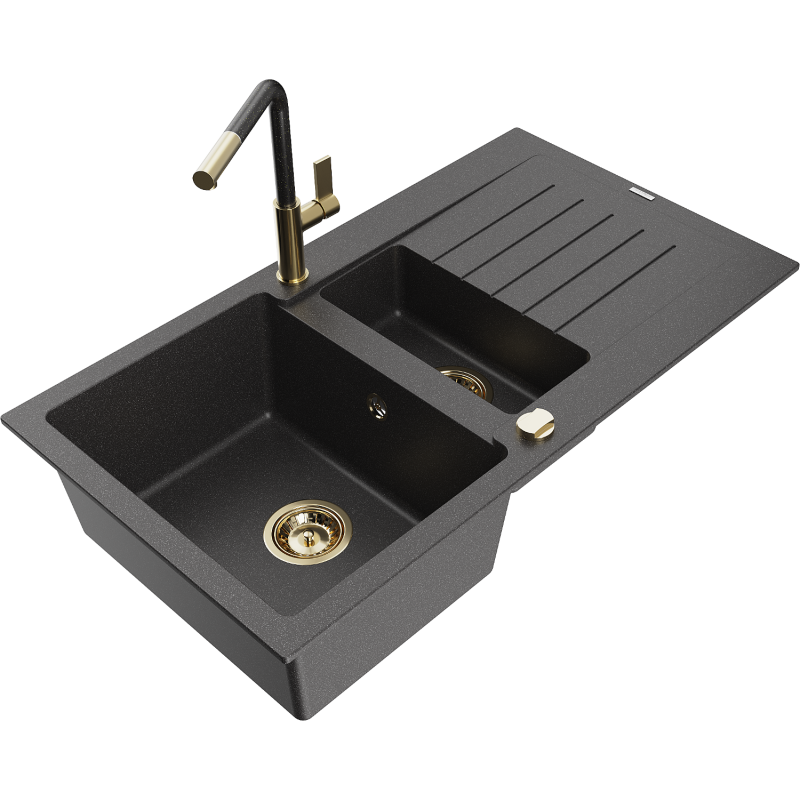 Mexen Matias Granite Sink 1.5-Bowl with Drainer and Flora Kitchen Tap, Black Speckled - 6502-76-670401-75-G