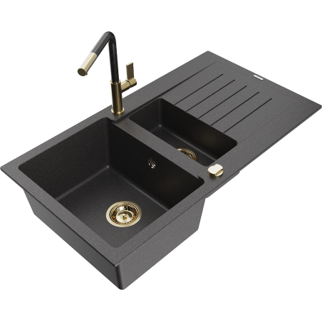 Mexen Matias Granite Sink 1.5-Bowl with Drainer and Flora Kitchen Tap, Black Speckled - 6502-76-670401-75-G