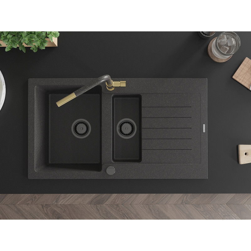 Mexen Matias granitizlietne ar 1,5 kameru, notekas un Flora virtuves jaucējkrānu, melna ar plankumiem - 6502-76-670401-75-B