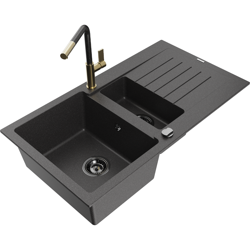 Mexen Matias fregadero de granito de 1,5 senos con escurridor y grifo de cocina Flora, negro moteado - 6502-76-670401-75-B