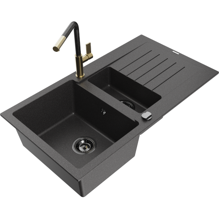 Mexen Matias fregadero de granito de 1,5 senos con escurridor y grifo de cocina Flora, negro moteado - 6502-76-670401-75-B