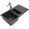 Mexen Matias lavello in granito 1,5 vasche con scolapiatti e rubinetto da cucina Flora, nero puntinato - 6502-76-670401-75-B