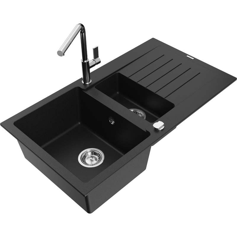 Mexen Matias fregadero de granito de 1,5 senos con escurridor y grifo de cocina Flora, negro - 6502-77-670401-00