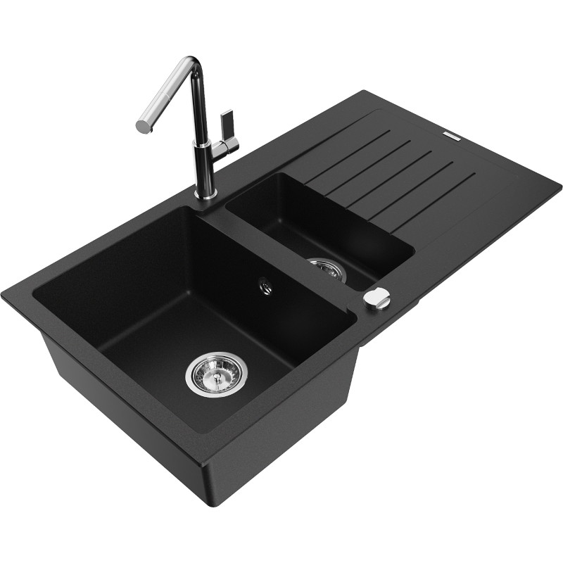 Mexen Matias Granitspüle 1,5-beckig mit Abtropffläche und Küchenarmatur Flora, schwarz - 6502-77-670401-00