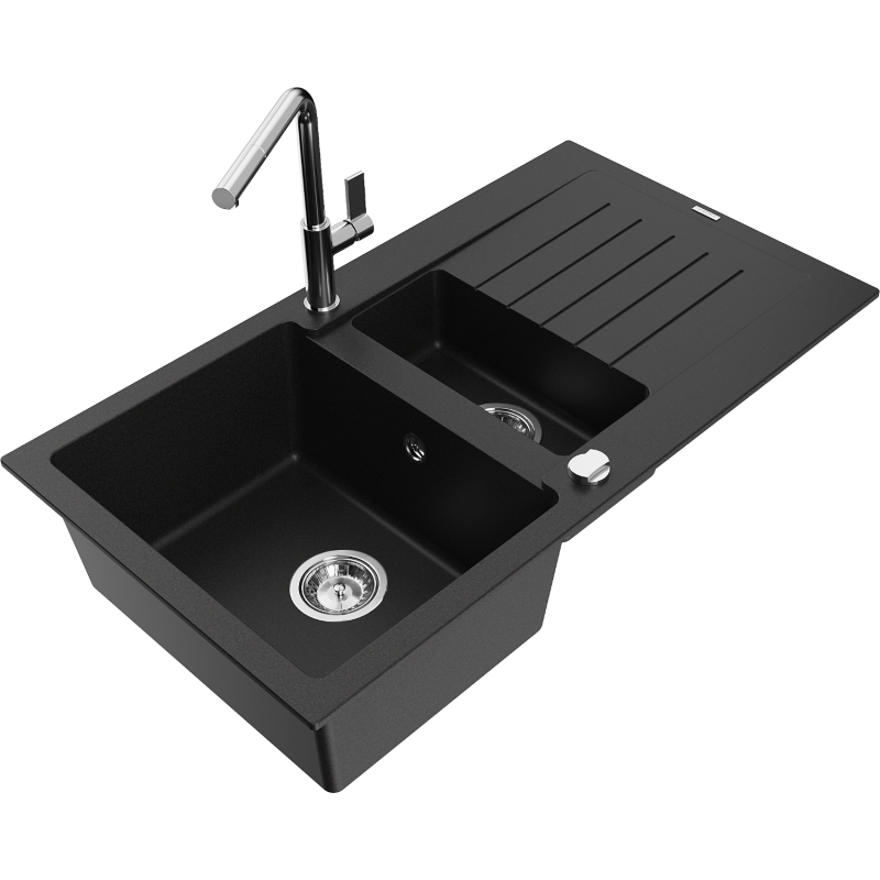 Mexen Matias lava-louça de granito de 1,5 bacias com escorredor e misturadora de cozinha Flora, preto - 6502-77-670401-00