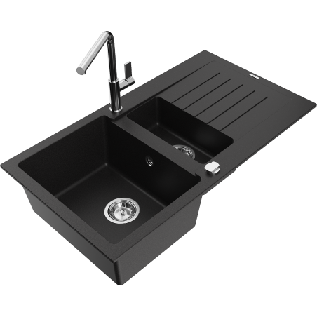 Mexen Matias 1.5-bowl granite sink with drainer and Flora kitchen tap, black - 6502-77-670401-00