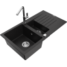 Mexen Matias 1.5-bowl granite sink with drainer and Flora kitchen tap, black - 6502-77-670401-00