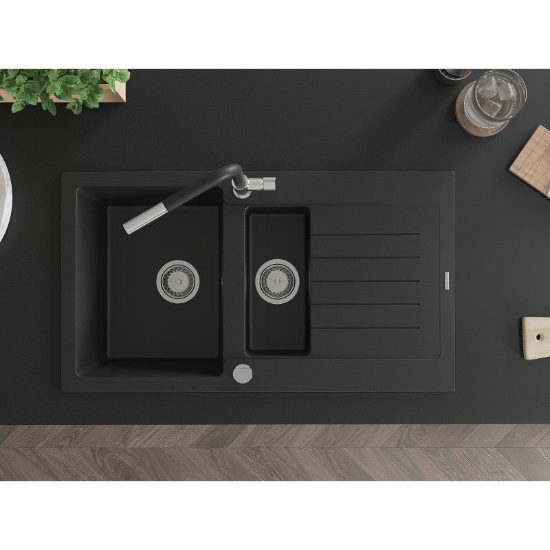 Mexen Matias granite sink 1.5-bowl with drainer and Flora kitchen tap, black - 6502-77-670401-07