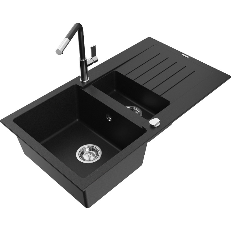 Mexen Matias fregadero de granito de 1,5 compartimientos con escurridor y grifo de cocina Flora, negro - 6502-77-670401-07