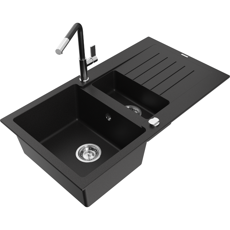 Mexen Matias fregadero de granito de 1,5 senos con escurridor y grifo de cocina Flora, negro - 6502-77-670401-07