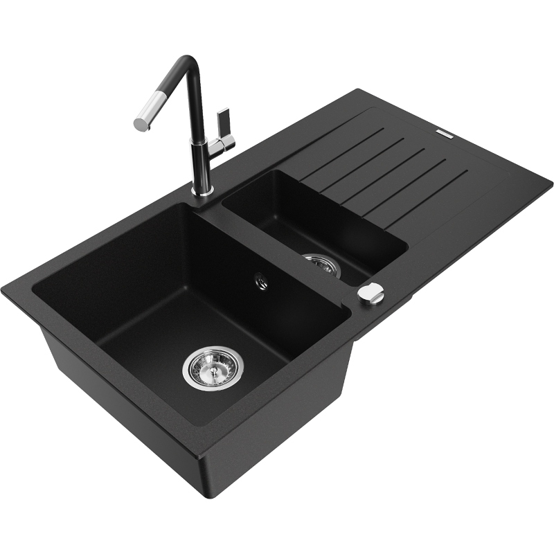 Mexen Matias lava-loiça de granito de 1,5 cuba com escorredor e torneira de cozinha Flora, preto - 6502-77-670401-07