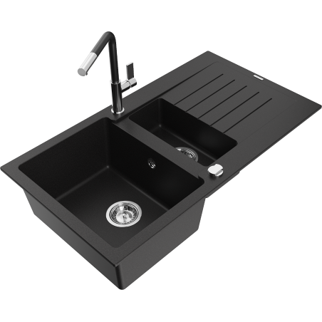 Mexen Matias fregadero de granito de 1,5 senos con escurridor y grifo de cocina Flora, negro - 6502-77-670401-07