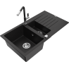 Mexen Matias granite sink 1.5-bowl with drainer and Flora kitchen tap, black - 6502-77-670401-07