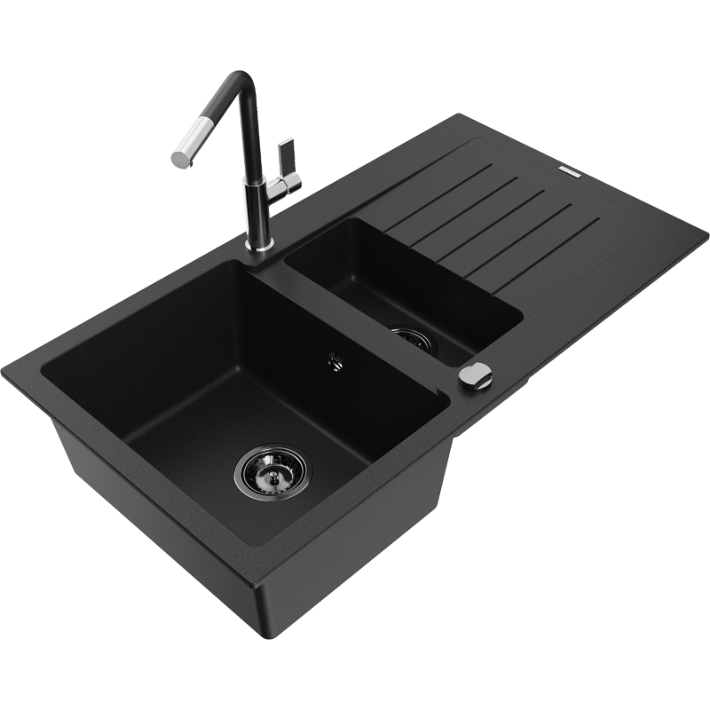 Mexen Matias 1.5-bowl granite sink with drainer and Flora kitchen mixer, black - 6502-77-670401-07-B