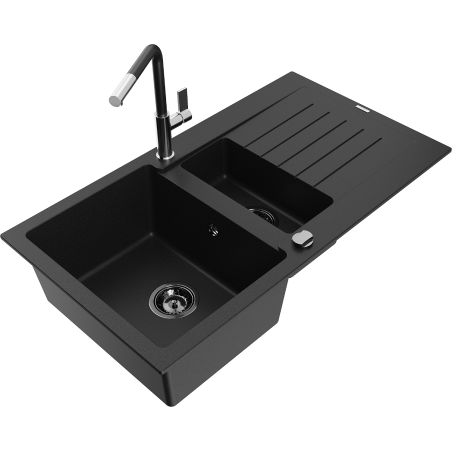 Mexen Matias fregadero de granito de 1,5 senos con escurridor y grifo de cocina Flora, negro - 6502-77-670401-07-B