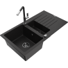Mexen Matias 1.5-bowl granite sink with drainer and Flora kitchen mixer, black - 6502-77-670401-07-B