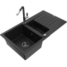 Mexen Matias Granitspüle 1,5-beckig mit Abtropffläche und Küchenarmatur Flora, schwarz - 6502-77-670401-07-B