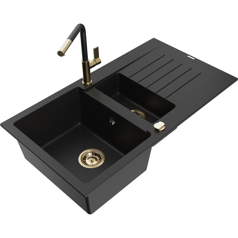 Mexen Matias fregadero de granito de 1,5 cubetas con escurridor y grifo de cocina Flora, negro - 6502-77-670401-57-G