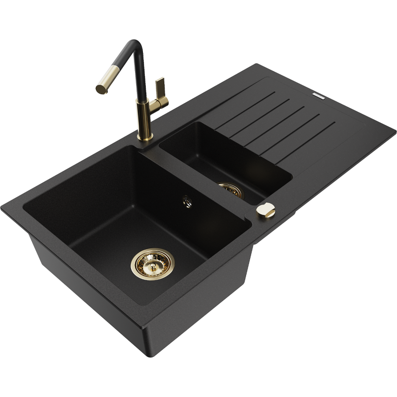 Mexen Matias granitdiskbänk med 1,5 fack med avrinningsplatta och köksblandare Flora, svart - 6502-77-670401-57-G
