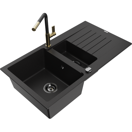 Mexen Matias fregadero de granito de 1,5 senos con escurridor y grifo de cocina Flora, negro - 6502-77-670401-57-B