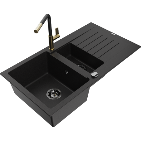 Mexen Matias granite sink 1.5-bowl with drainer and Flora kitchen tap, black - 6502-77-670401-57-B