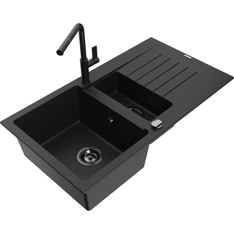 Mexen Matias fregadero de granito de 1,5 senos con escurridor y grifo de cocina Flora, negro - 6502-77-670401-70-B