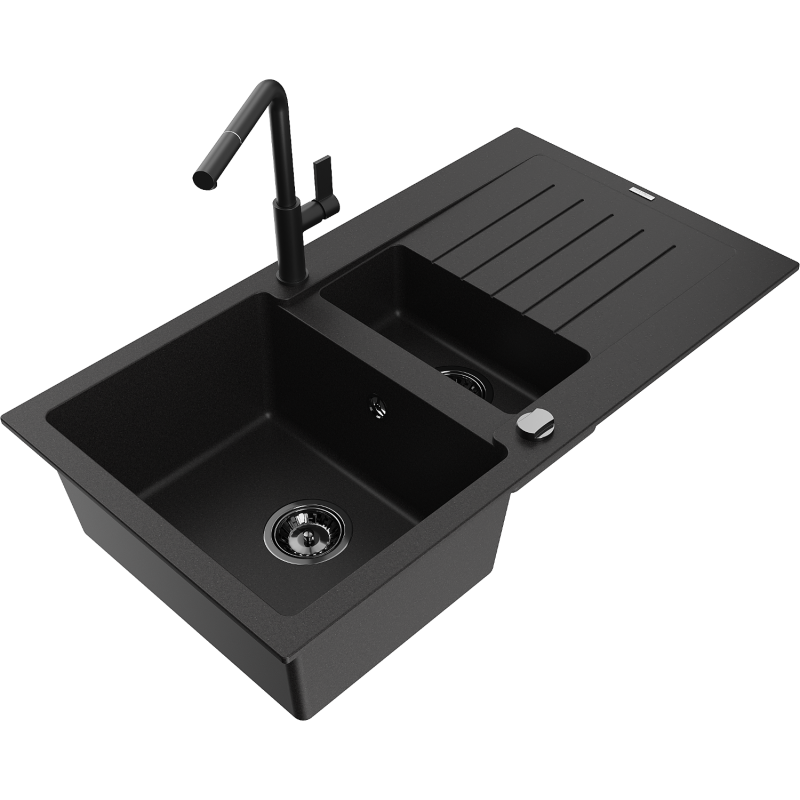 Mexen Matias lava-loiça em granito 1,5 bacias com escorredor e torneira de cozinha Flora, preto - 6502-77-670401-70-B