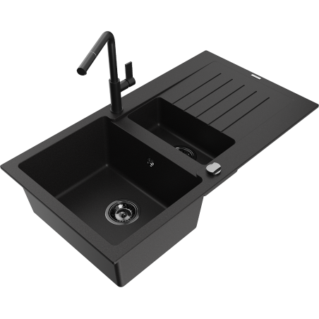 Mexen Matias fregadero de granito 1,5 tazones con escurridor y grifo de cocina Flora, negro - 6502-77-670401-70-B