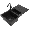 Mexen Matias 1.5-bowl granite kitchen sink with drainer and Flora kitchen tap, black - 6502-77-670401-70-B