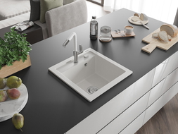 Mexen Vito Granitspüle 1-Becken mit Küchenarmatur Flora, Weiß - 6503-20-670401-02
