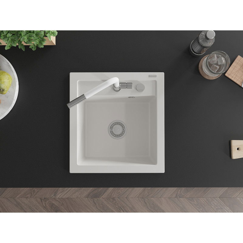 Mexen Vito Granitspüle 1-Becken mit Küchenarmatur Flora, Weiß - 6503-20-670401-02
