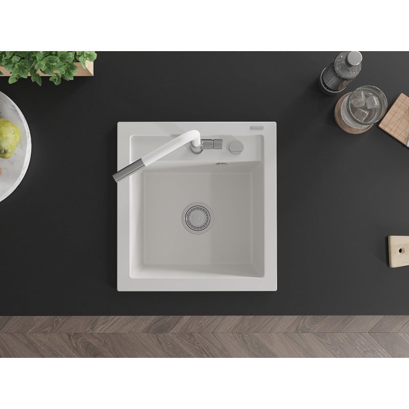Mexen Vito lava-louça de granito de 1 bacia com misturadora de cozinha Flora, branco - 6503-20-670401-02