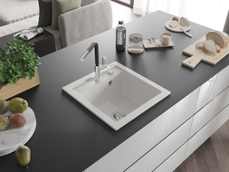 Mexen Vito lava-loiça de granito 1-cuba com torneira de cozinha Flora, branco - 6503-20-670401-07