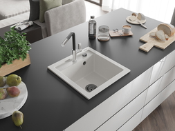 Mexen Vito Granitspüle 1-Becken mit Küchenarmatur Flora, weiß - 6503-20-670401-07-B