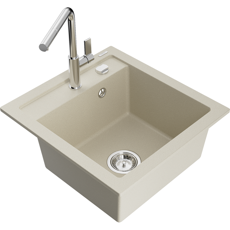 Mexen Vito 1-bowl granite sink with Flora kitchen tap, beige - 6503-69-670401-00
