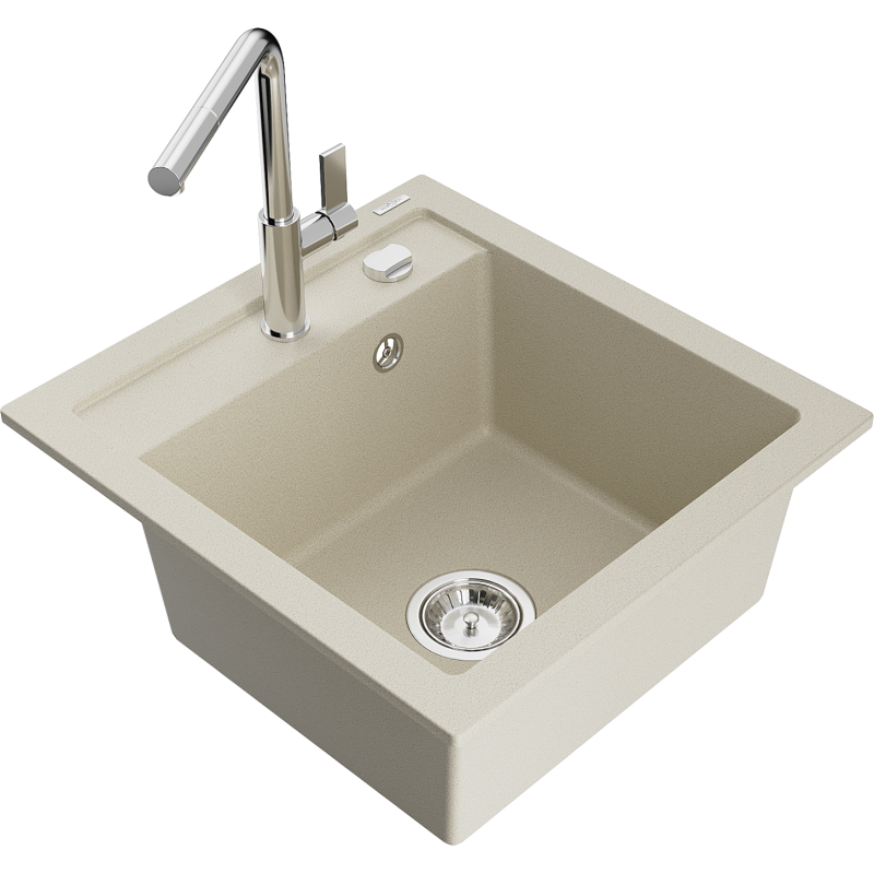 Mexen Vito granieten gootsteen 1-komorige met keukenmengkraan Flora, beige - 6503-69-670401-00