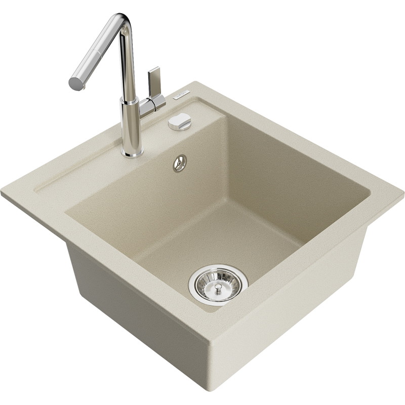 Mexen Vito granieten gootsteen met 1 bak en keukenmengkraan Flora, beige - 6503-69-670401-00