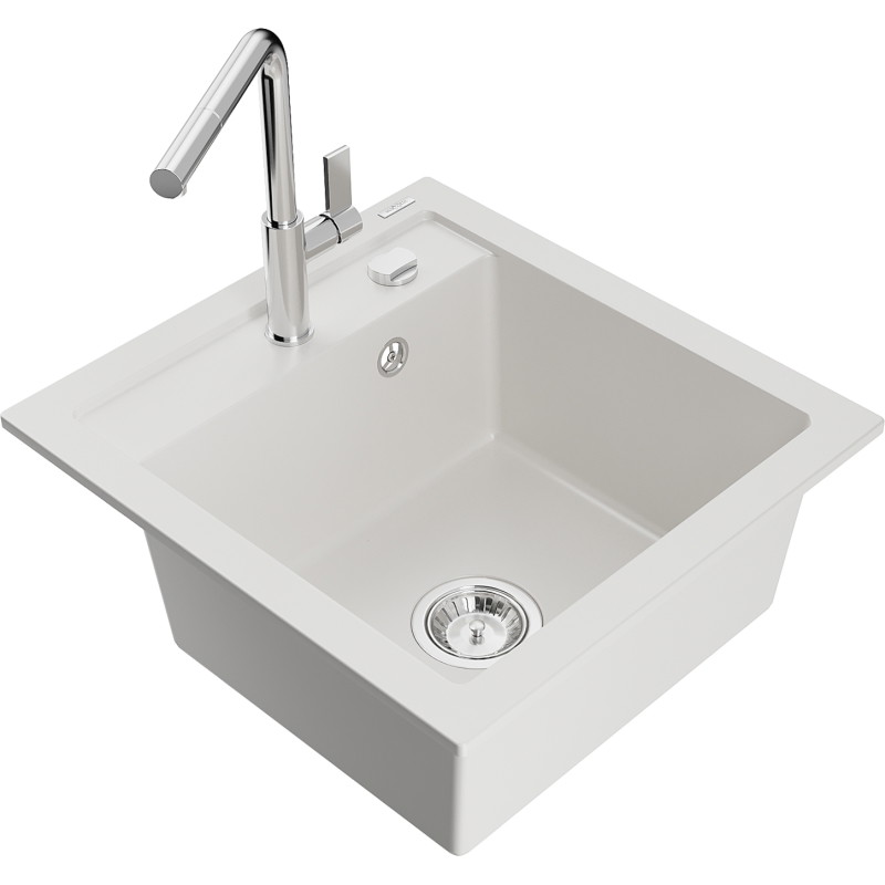 Mexen Vito fregadero de granito de 1 compartimento con grifo de cocina Flora, blanco - 6503-20-670401-00