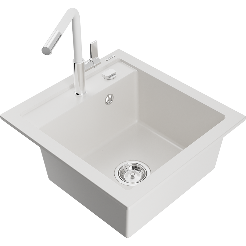 Mexen Vito lava-louça de granito de 1 bacia com misturadora de cozinha Flora, branco - 6503-20-670401-02