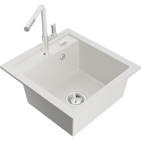 Mexen Vito fregadero de granito 1-cubeta con grifo de cocina Flora, blanco - 6503-20-670401-02