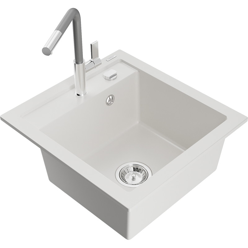 Mexen Vito granitspüle 1-Kammer mit Küchenarmatur Flora, weiß - 6503-20-670401-06