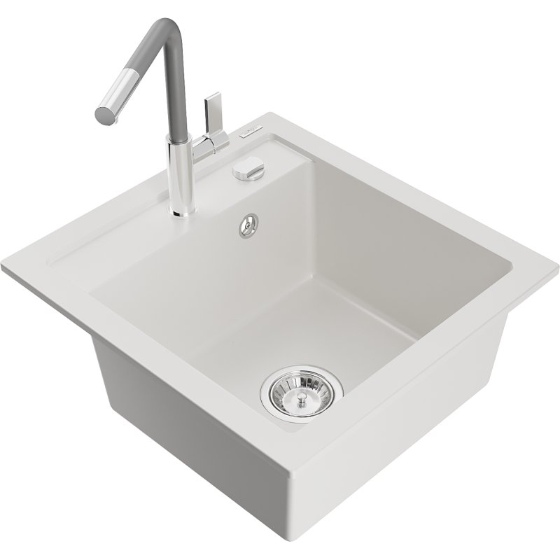 Mexen Vito lava-louças de granito de 1 cuba com torneira de cozinha Flora, branco - 6503-20-670401-06